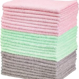 Amazon Basics Microfiber Cleaning Cloths, Free from Streaks/Lint/Scratch for Cars, Pack of 24, Green/Gray/Pink, 16" x 12"